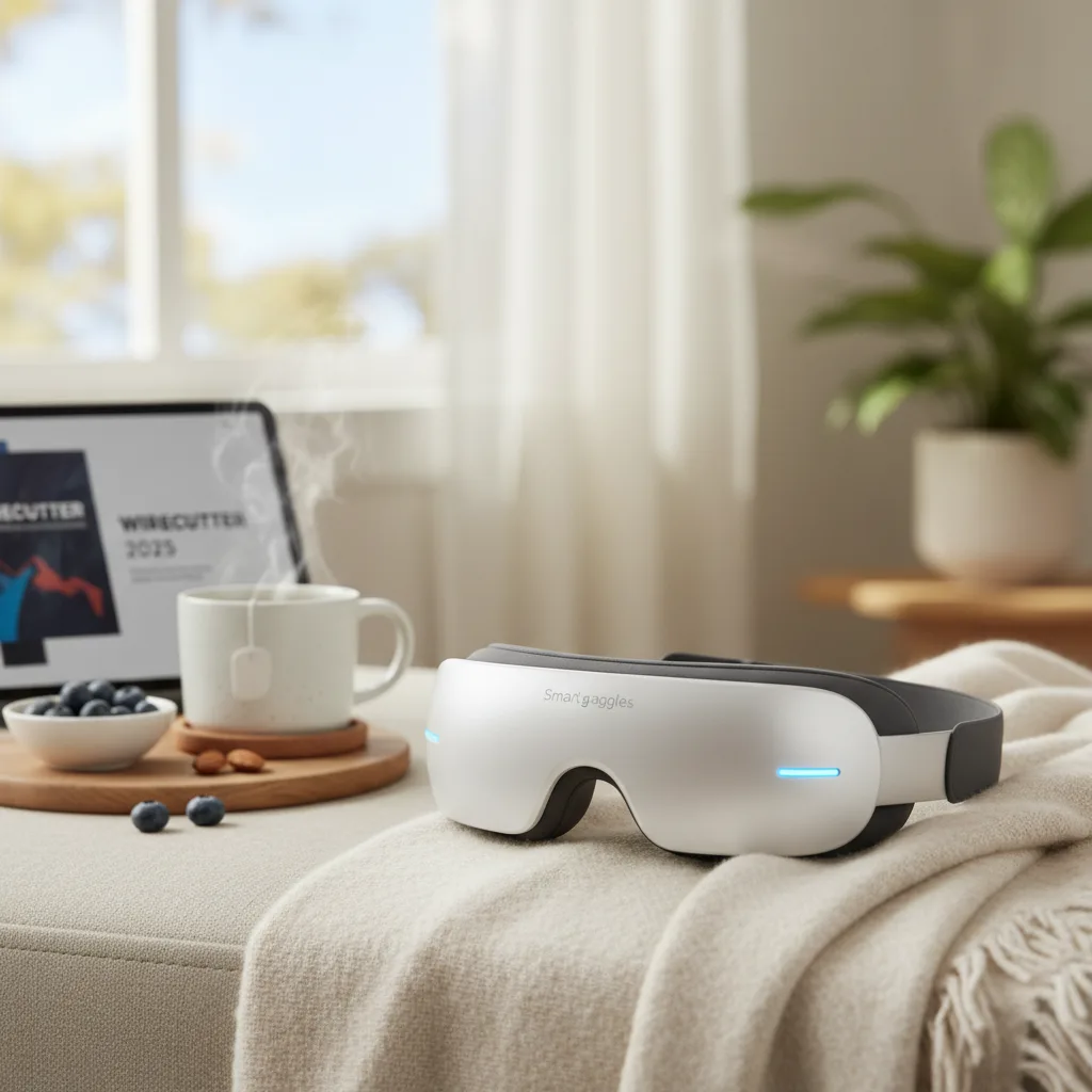 A person wearing smartgoggles demonstrating their use for relaxation, as highlighted in the smartgoggles Wirecutter review.