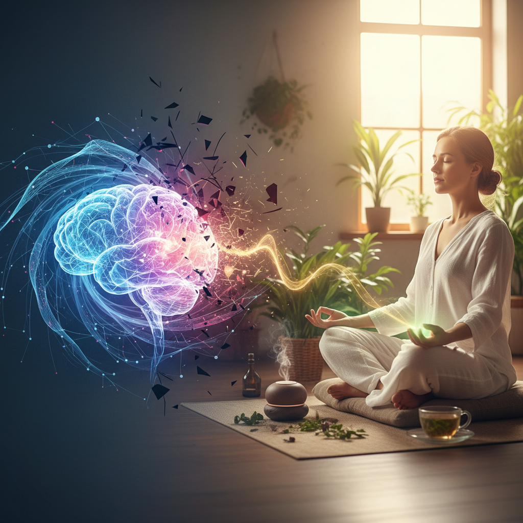 A person with their hand on their forehead, looking distressed, symbolizing stress-induced vertigo and dizziness.