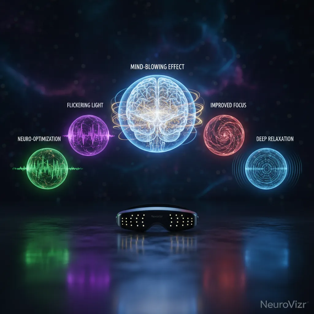 A conceptual image showing rhythmic light pulses from stroboscopic goggles affecting brainwave patterns, symbolizing enhanced focus, relaxation, and cognitive function.