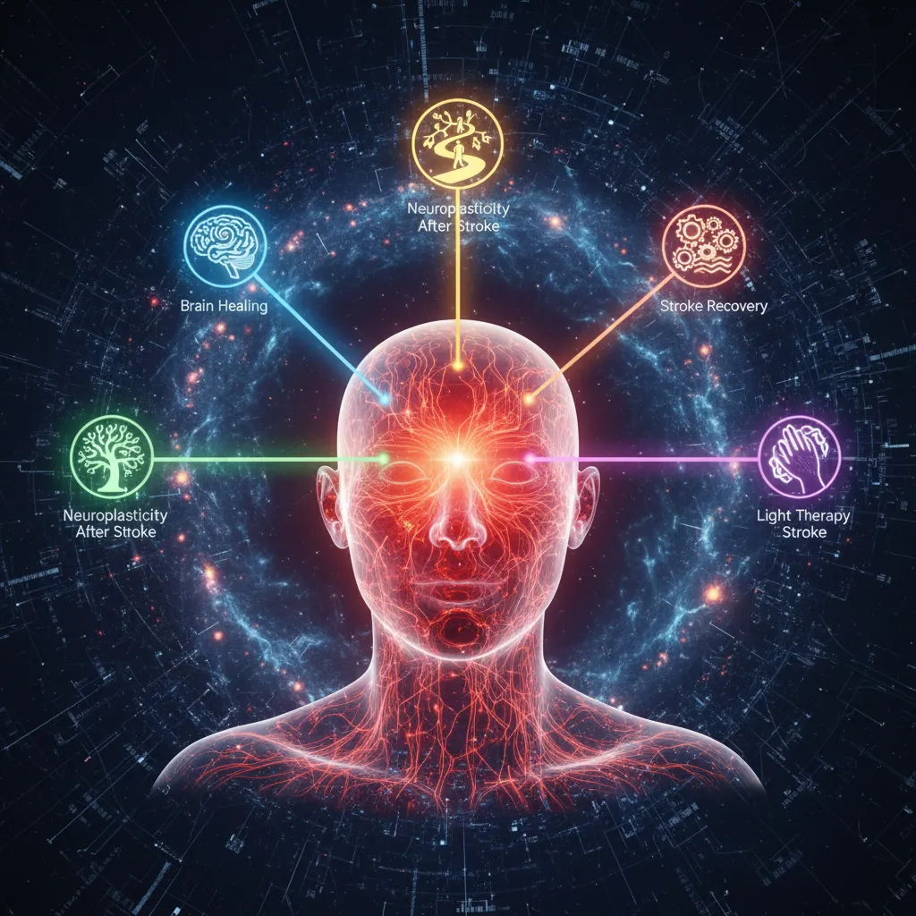 A scientific illustration depicting red and near-infrared light penetrating the brain, highlighting cellular stimulation, neuroplasticity, and improved blood flow for stroke recovery.