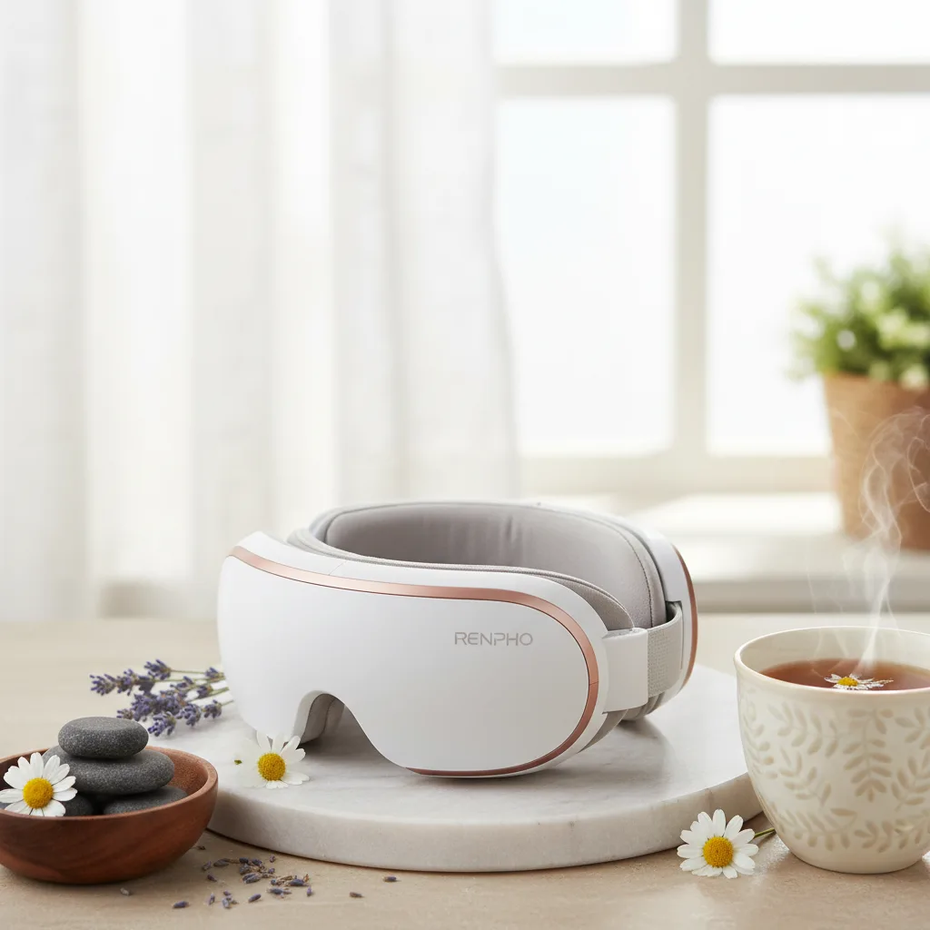 A Renpho eye massager in use, demonstrating its ergonomic design and therapeutic features for eye relief.