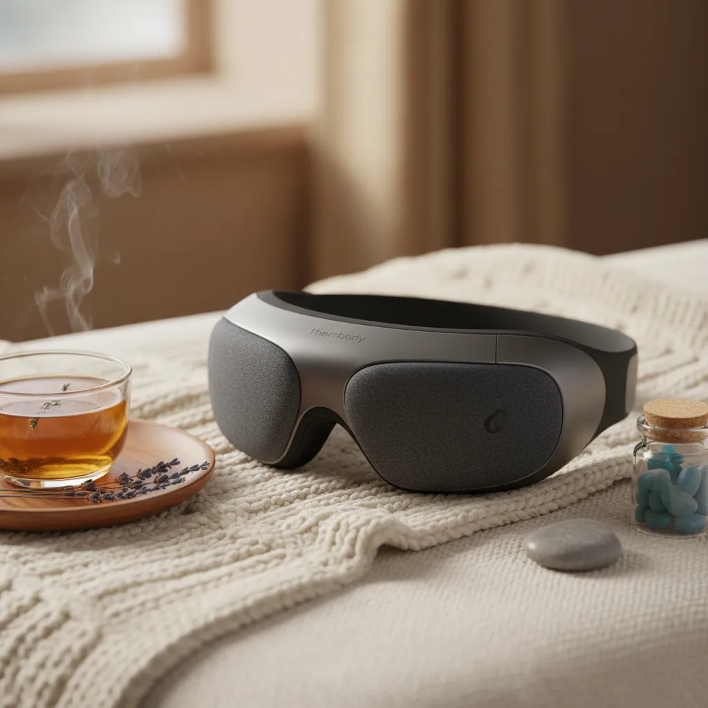 A person wearing the Therabody SmartGoggles Gen 1, demonstrating its use for relaxation and cognitive reset.