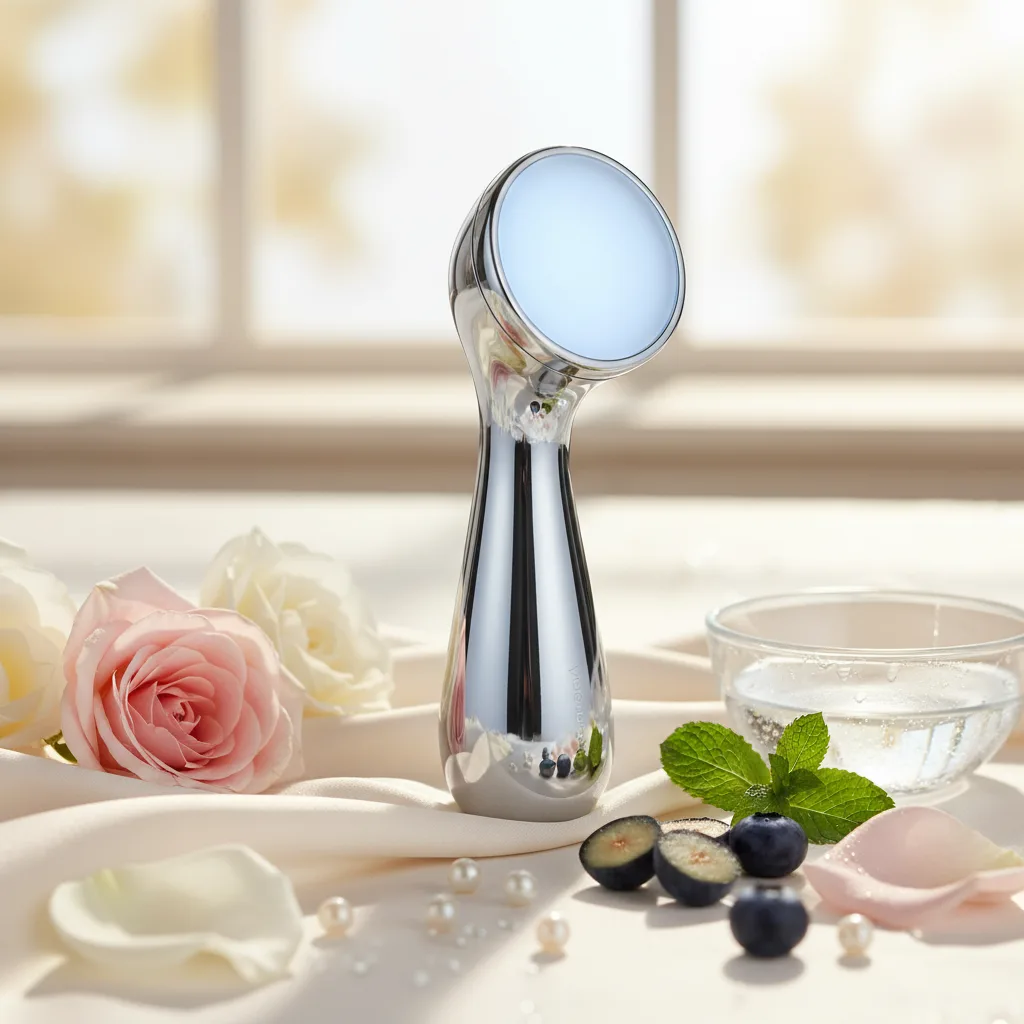 A person using the Therabody TheraFace Depuffing attachment on their face, showcasing the advanced facial tool in action to reduce swelling.