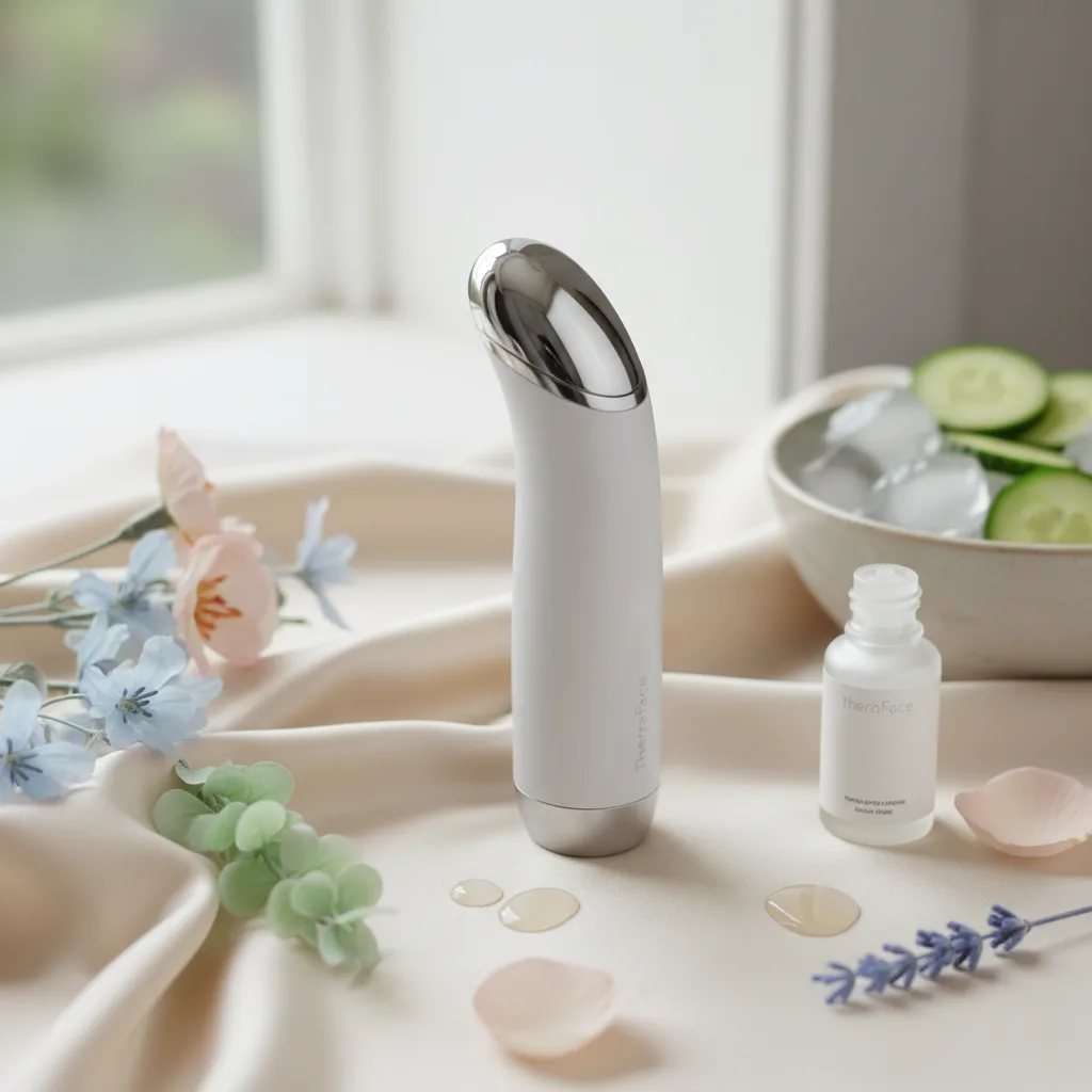 A close-up view of the TheraFace Depuffing Wand being used to gently massage the under-eye area for reduced puffiness and improved circulation.