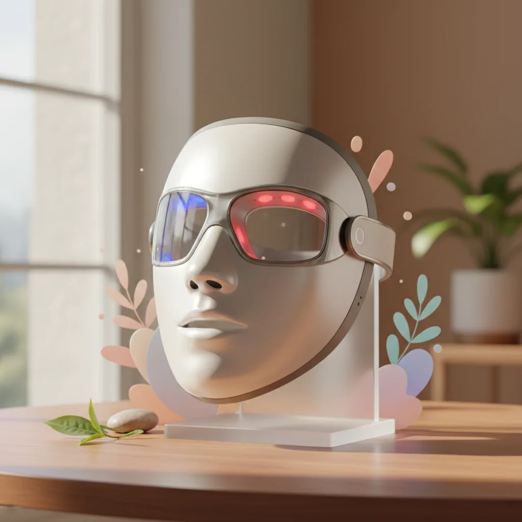 A person wearing the TheraFace Mask Glo LED Mask for ocular and cognitive optimization.