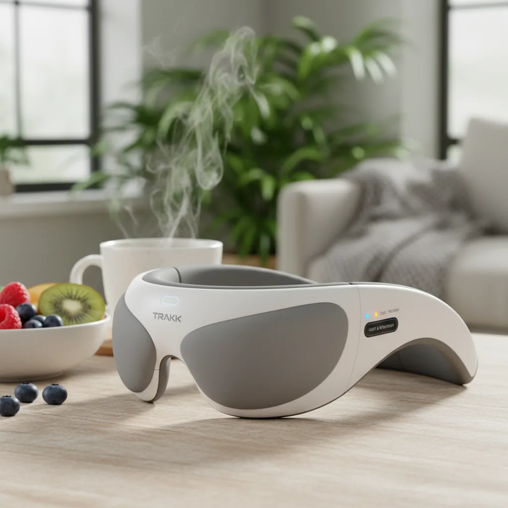 Person using a TRAKK eye massager heat vibration device for relaxation and eye strain relief.