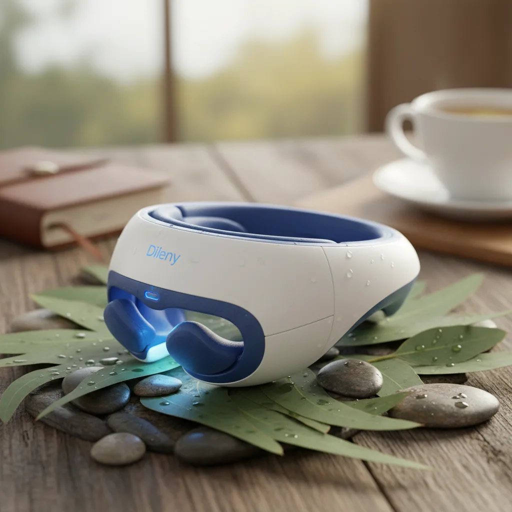 A person using an advanced device to unlock benefits eye massage for deep relaxation and eye relief.