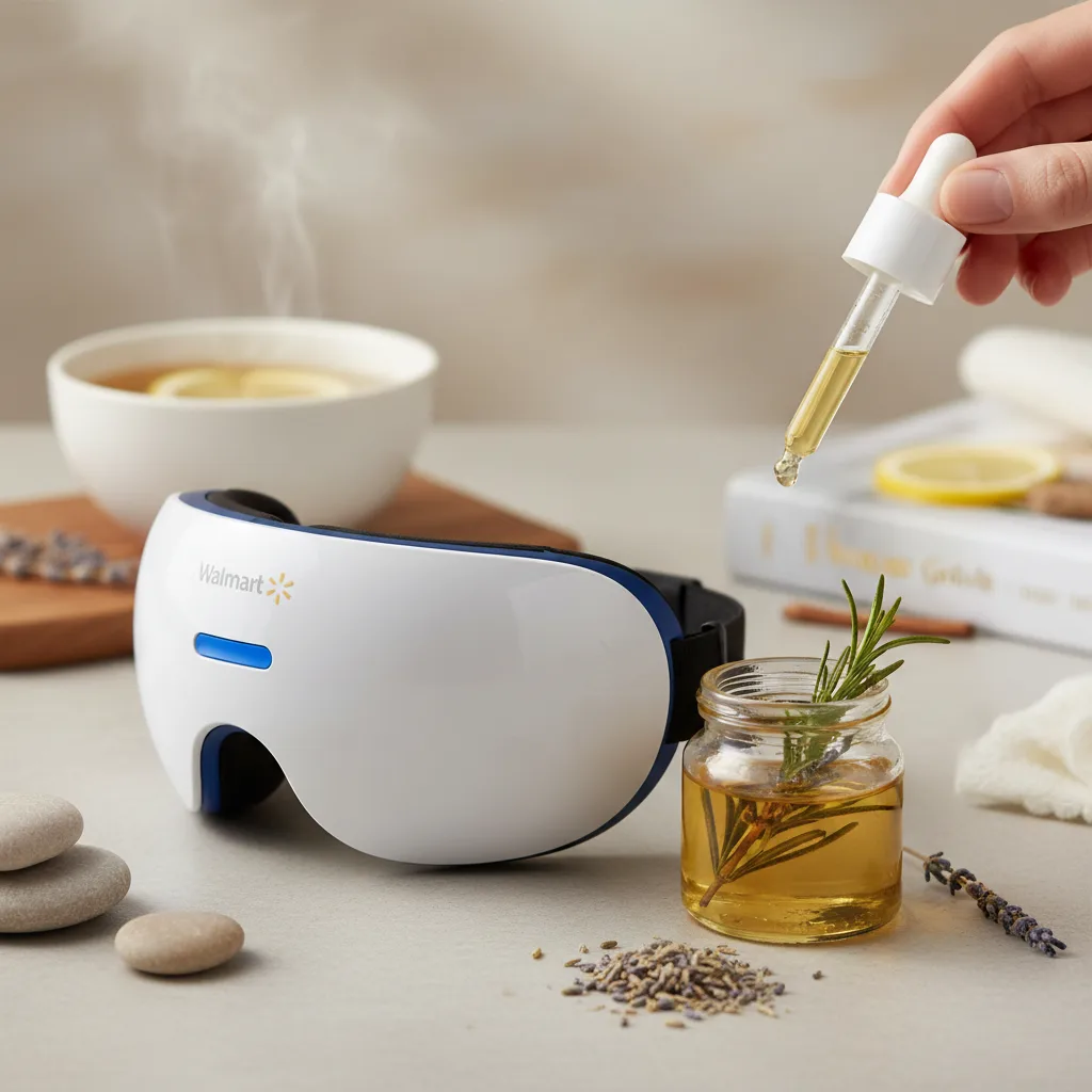 A modern eye massager designed for dry eyes, available at Walmart, showcasing its ergonomic design and therapeutic heat function to alleviate discomfort.
