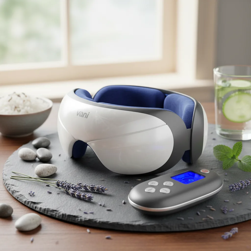 Vani Remote Control Auto-Comfort Eye Massager, a top-rated device according to walmart reviews product 149177671, in use for relaxation.