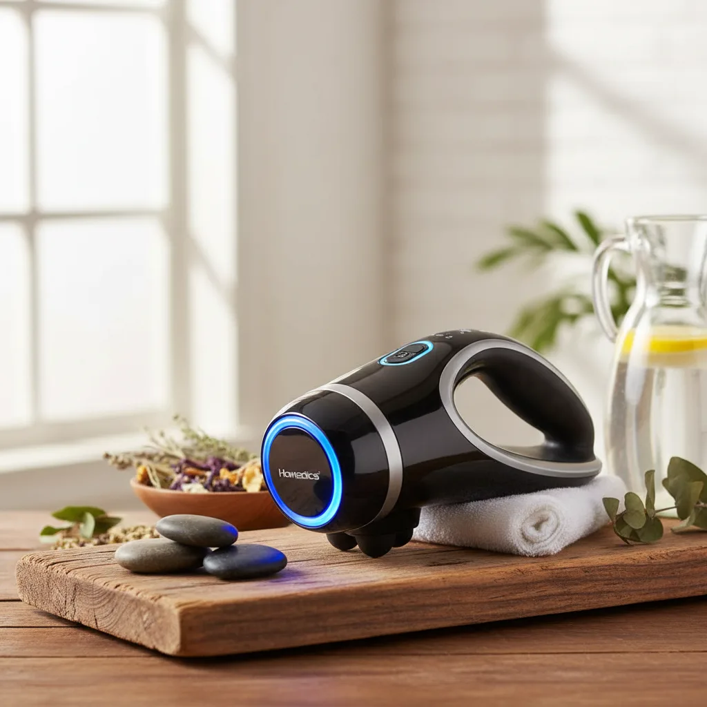 Close-up of the Homedics Nu-View Massager in use, demonstrating its ergonomic design and showcasing its features as discussed in walmart reviews product 1608882852.