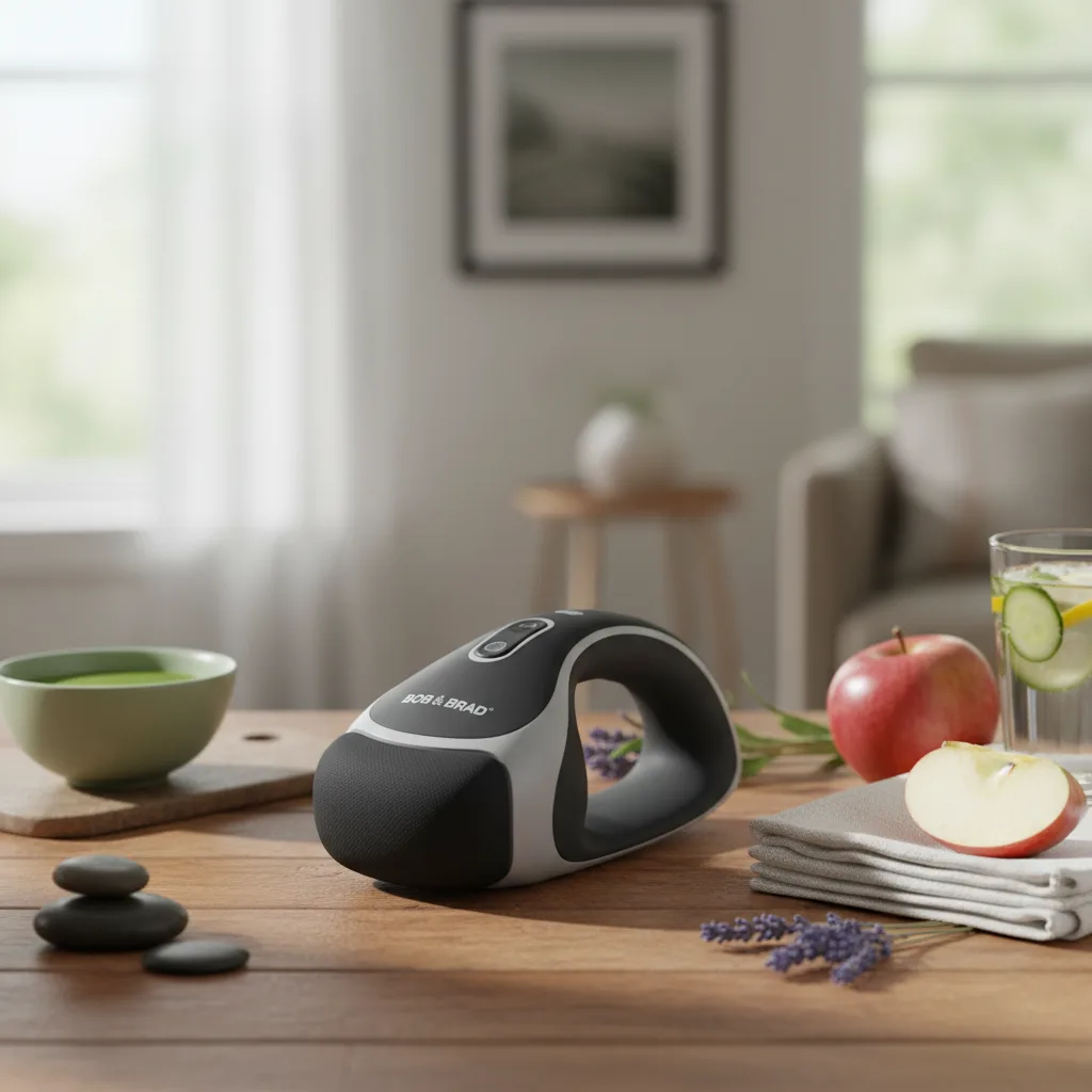 Close-up of the Bob & Brad Auto-Compressor Massager (Walmart product 5066419544) in action, targeting a user's back for muscle recovery.