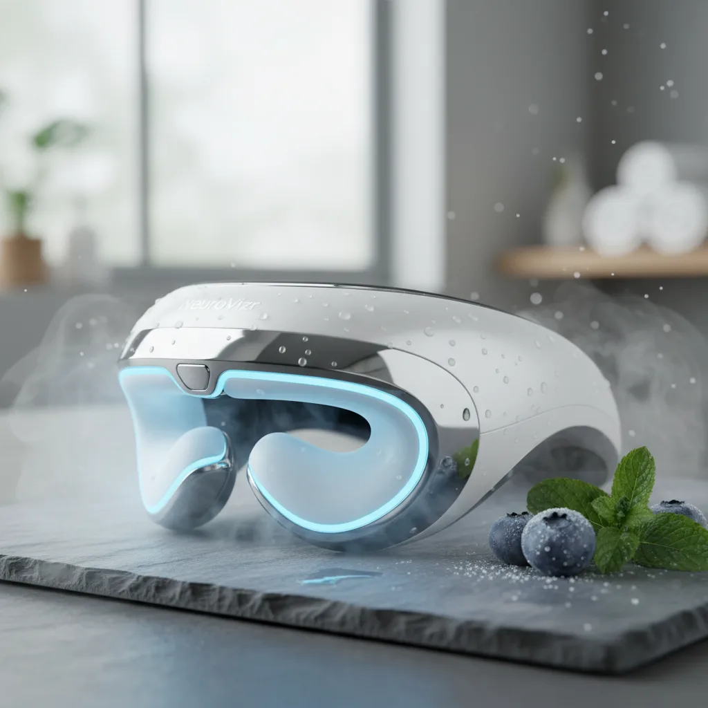 A close-up image of the NeuroVizr Intelligent Eye Massager in use, highlighting its sleek design and how it delivers smart cooling performance as detailed in Walmart reviews product 5533505163.