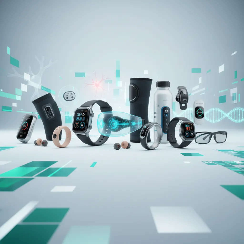 A collection of modern wearable wellness gadgets including a smart ring, an EEG headband, and a light therapy device, symbolizing advanced personal health technology for optimizing sleep, stress, and cognitive function in 2025.