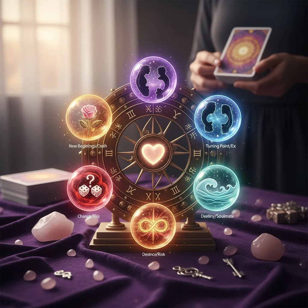 A vibrant Wheel of Fortune tarot card prominently displayed, featuring mythical figures like the Sphinx and Anubis on the wheel, symbolizing cycles of destiny and change. The background subtly integrates neural pathways, representing the connection between spiritual insight and optimized cognitive function in understanding love and relationships.