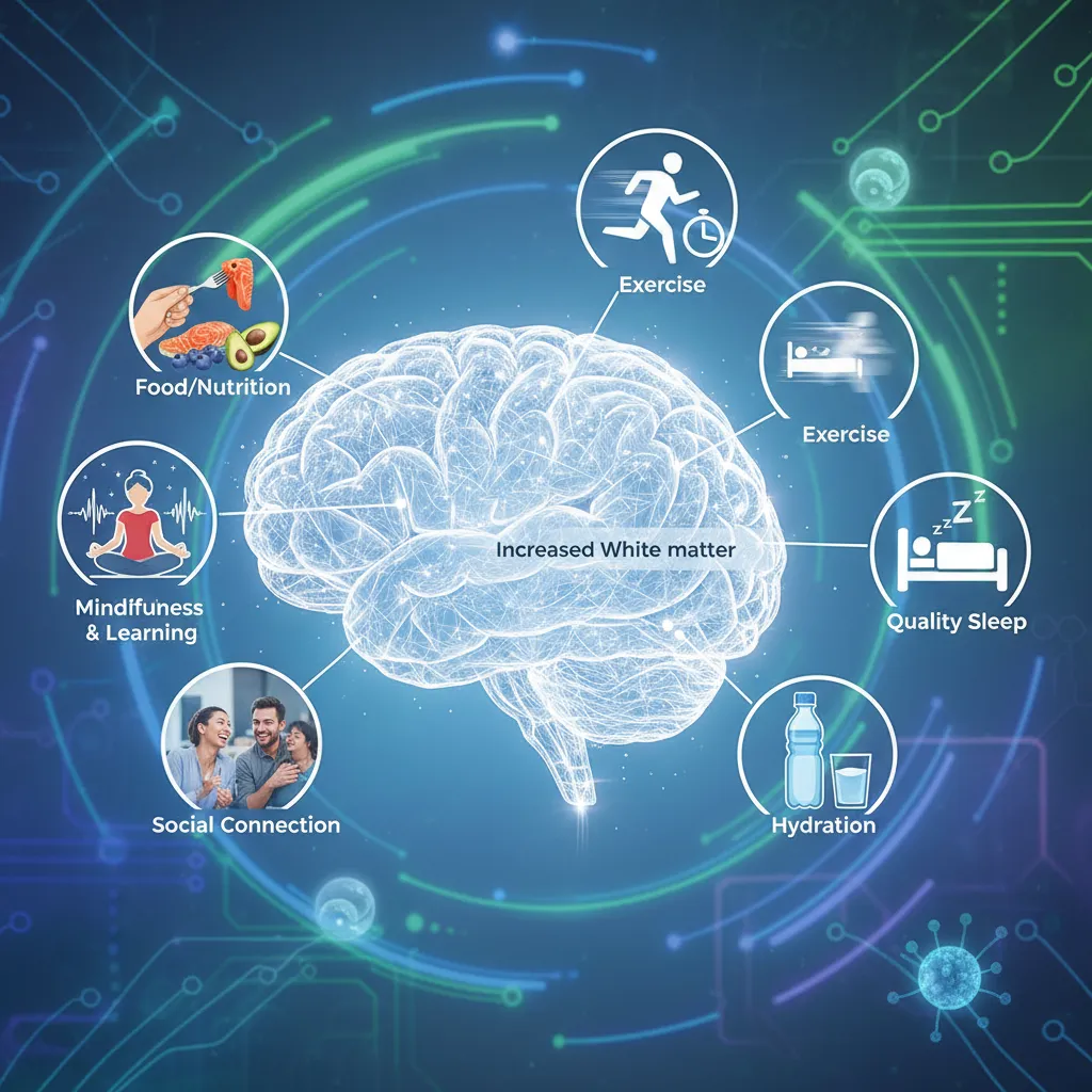 An intricate illustration of the human brain's white matter, depicted as a dense network of glowing neural pathways connecting different regions, symbolizing enhanced brain connectivity and high-speed information processing.