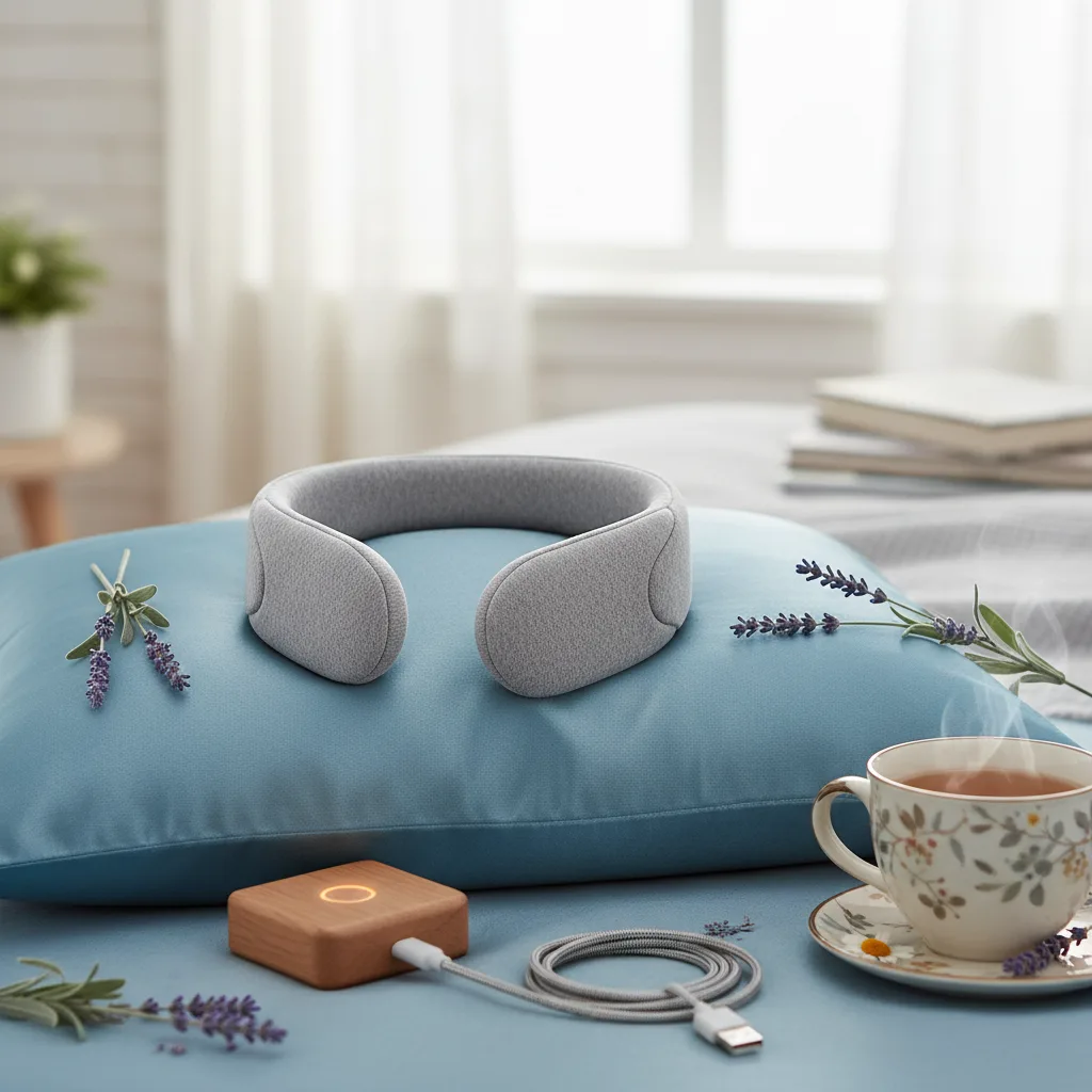 A person sleeping comfortably wearing a wireless sleep phones headband.